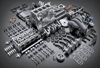 Car engine disassembled. many parts. Car engine disassembled. Many motor parts. 3d illustration